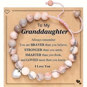 Granddaughter Pink Zebra Jasper Beaded Bracelet Silver Heart Charm Adjustable
